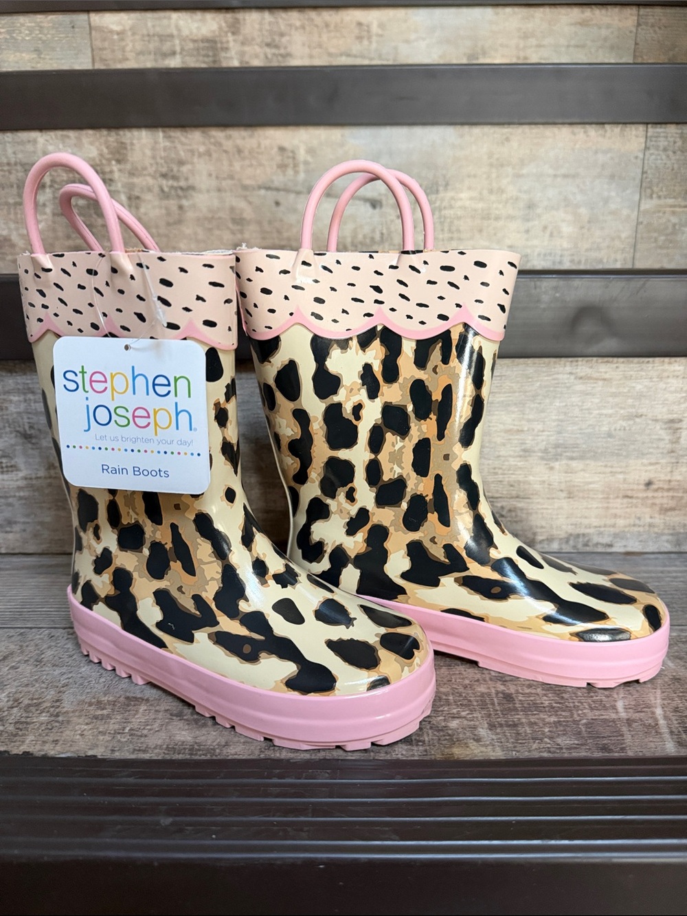 NWT Stephen Joseph Kids' SIZE 11 Leopard Rain Boots in Pink Trim